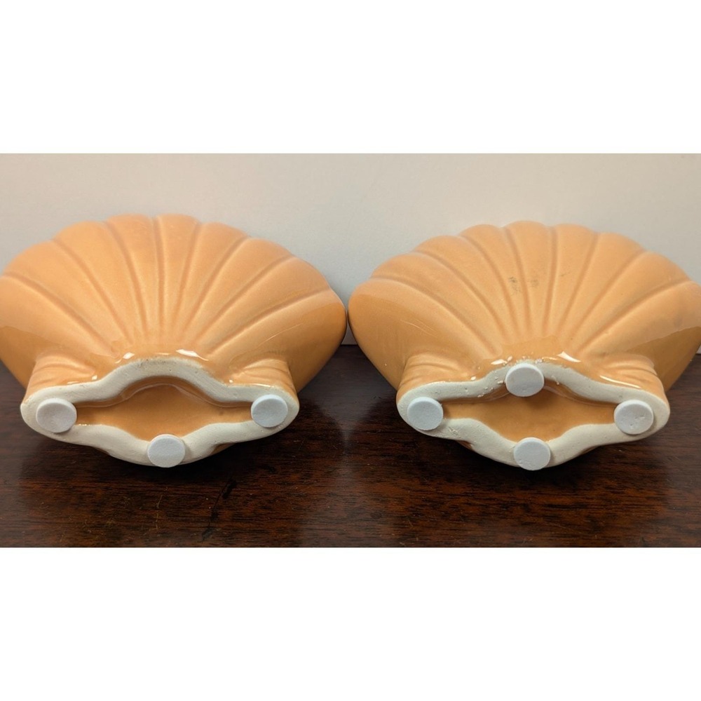 Vintage Peach Ceramic Shell Pocket Vases Pair Coastal Beach Decor Planters - Picture 8 of 8